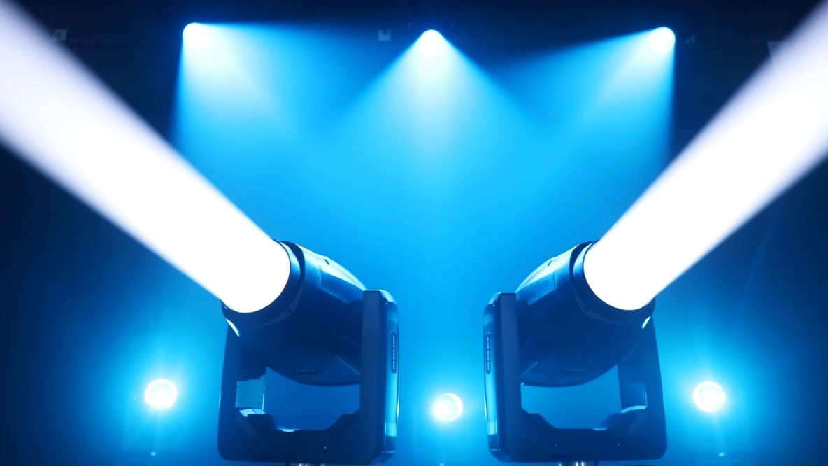 GML ALED BSW 480 CMY LED Moving Head beam mode — narrow upward beams in blue-white